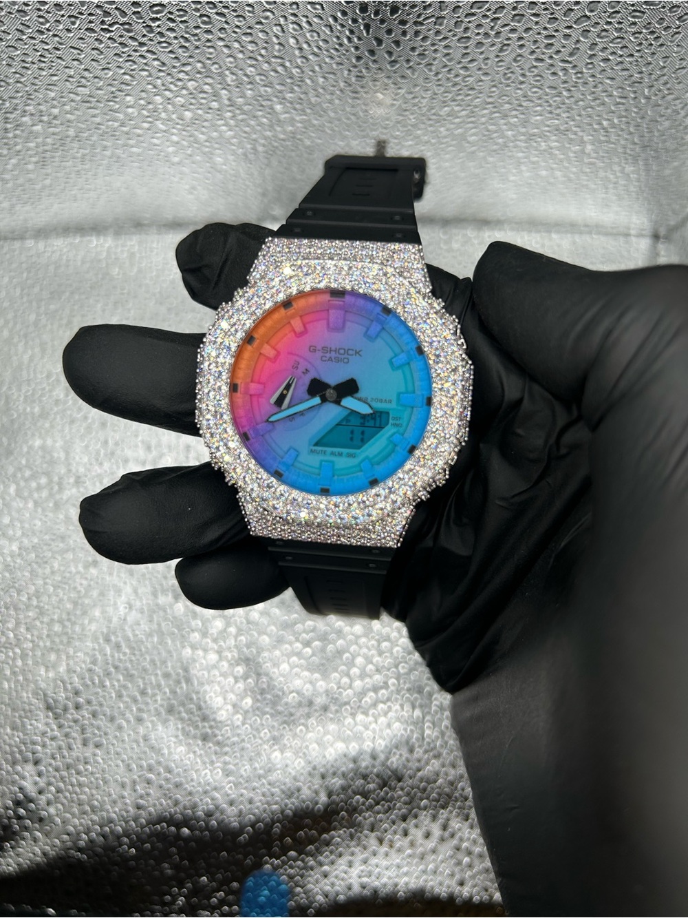 G-Shock Rainbow Gradient Dial Black Strap Watch with Crystal Bezel